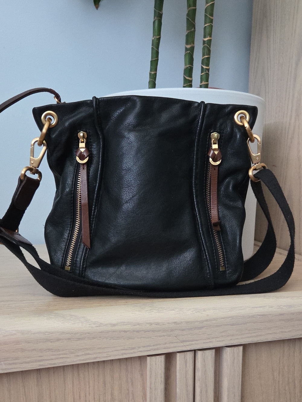 Christopher Kon Black Leather Crossbody Boho Hobo Bag w Gold Hardware